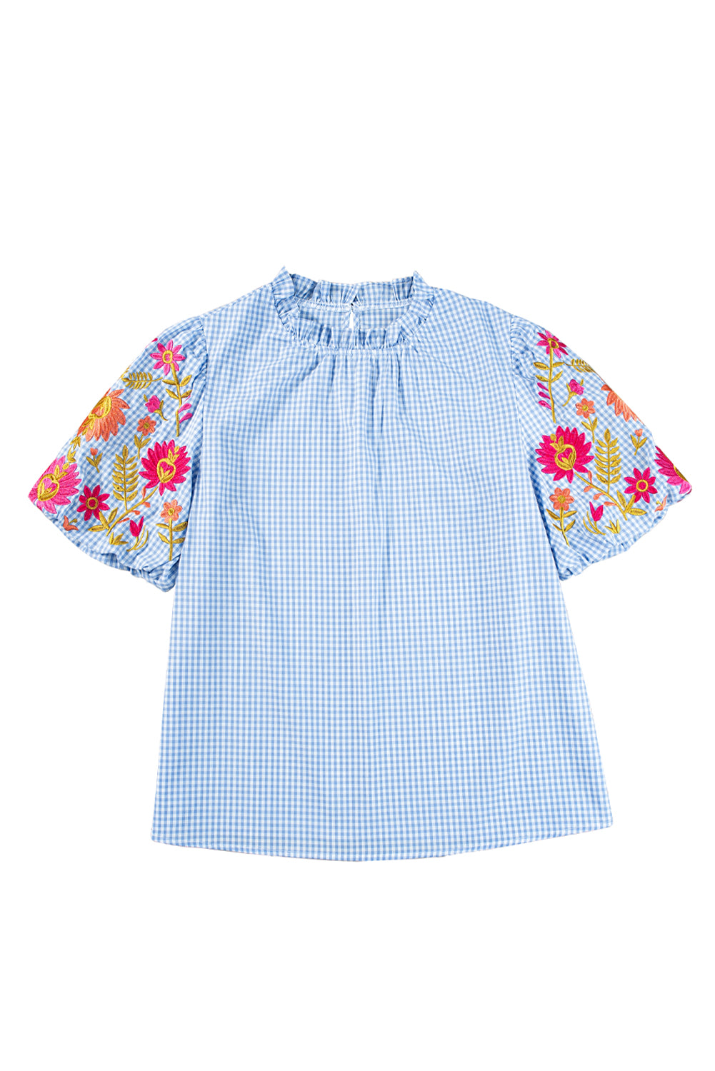 Innocence Delight Flower Embroidered Puff Sleeve Gingham Blouse
