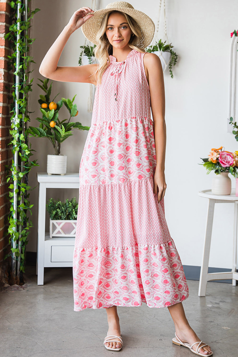 Pink Abstract Print Patchwork Sleeveless V Neck Tiered Dress