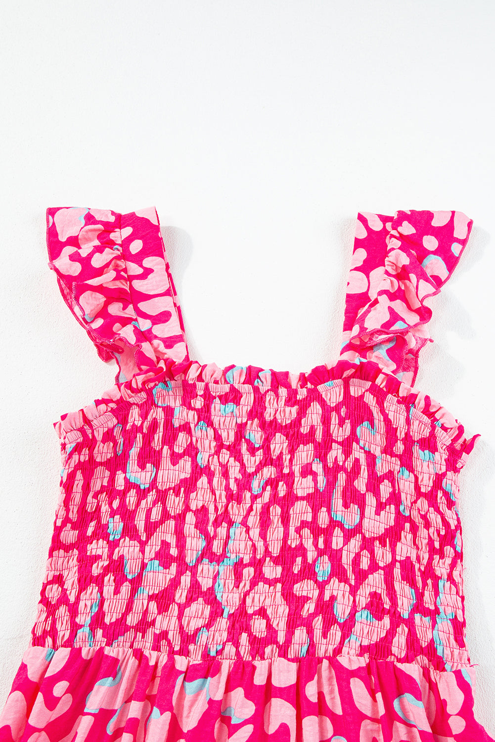Pink Leopard Ruffle Straps Smocked High Waist Maxi Dress