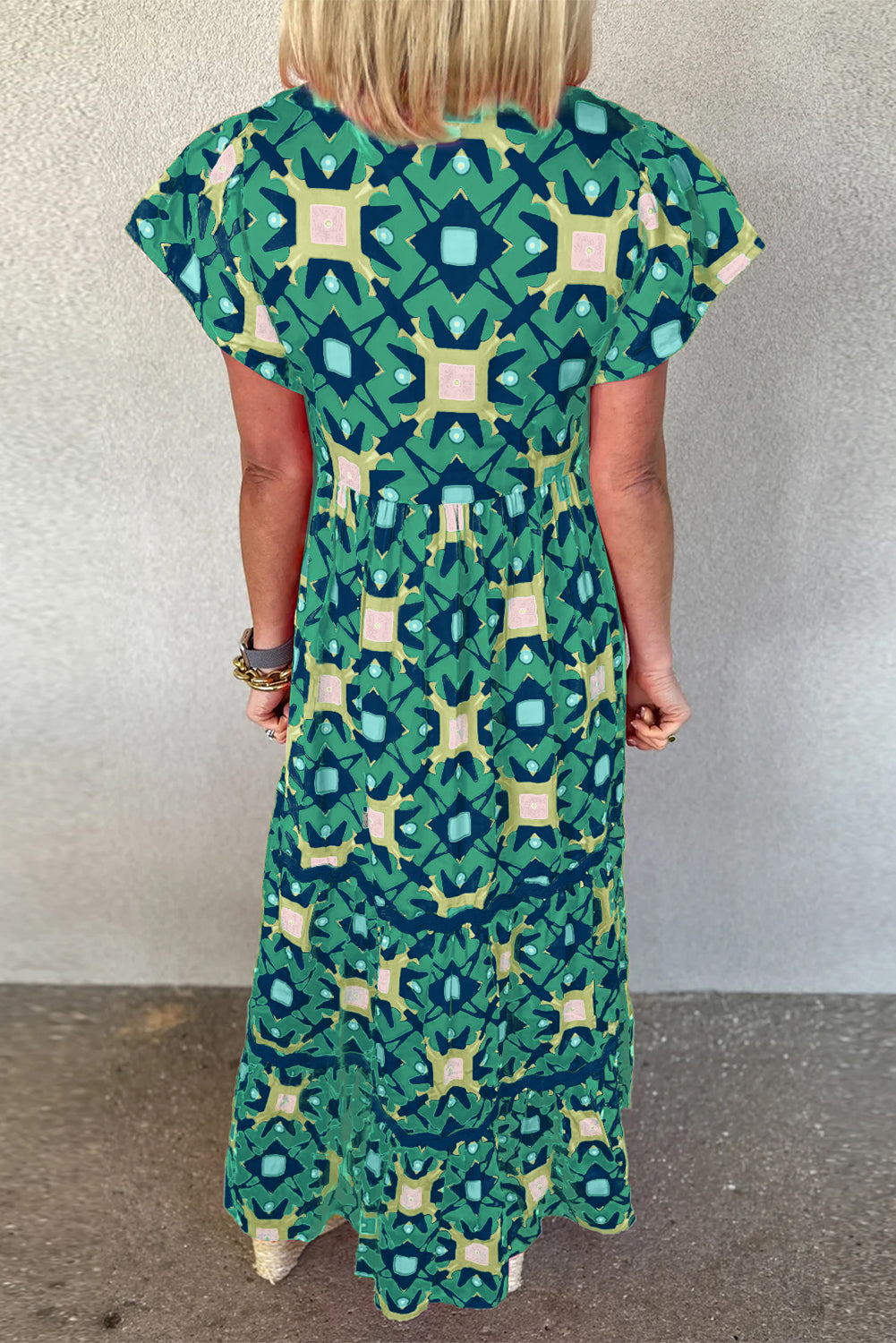 Sea Green Abstract Print Pleated Flounce Sleeve Maxi Dress