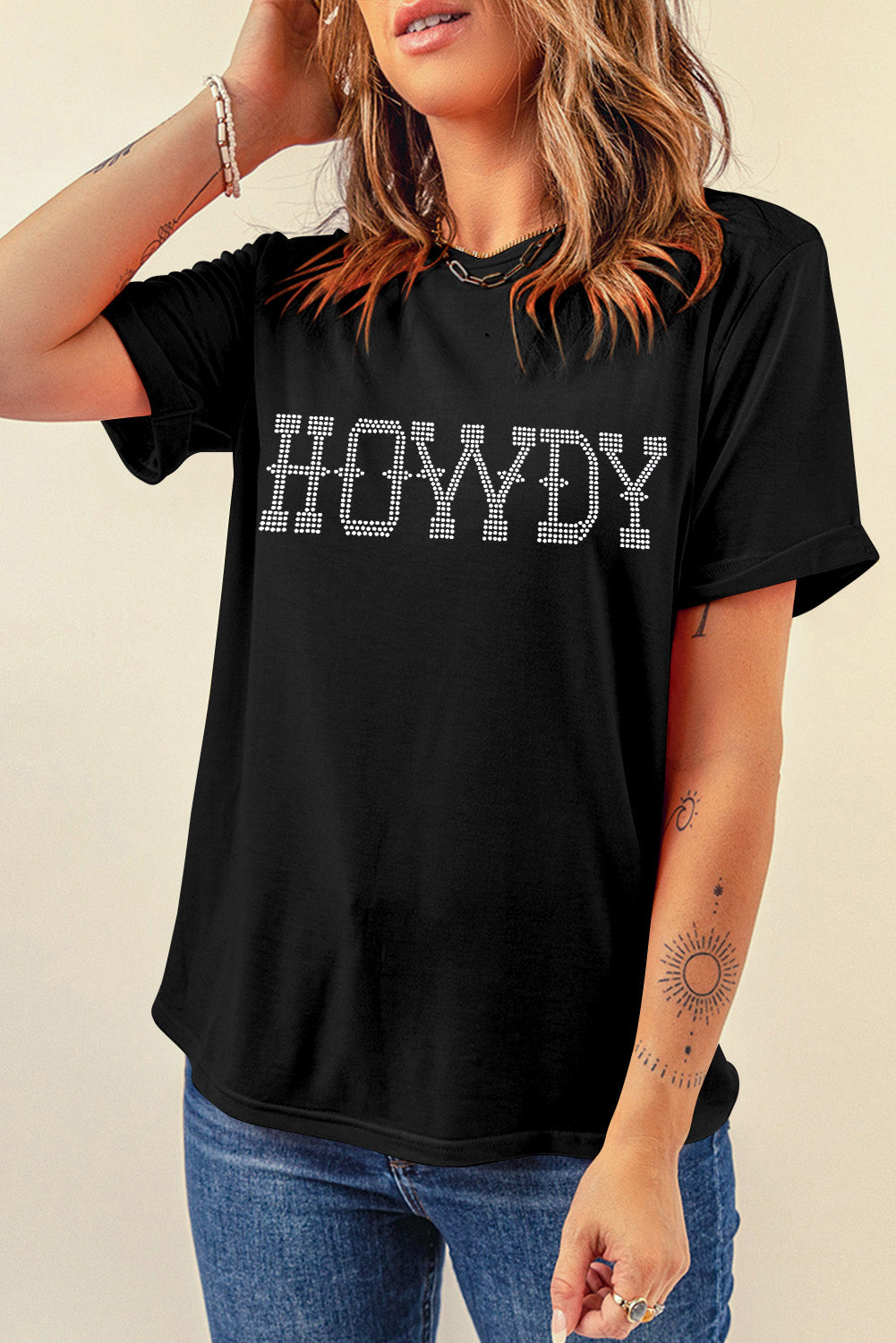 Black Rhinestone HOWDY Graphic Slim Fit Crew Neck T Shirt