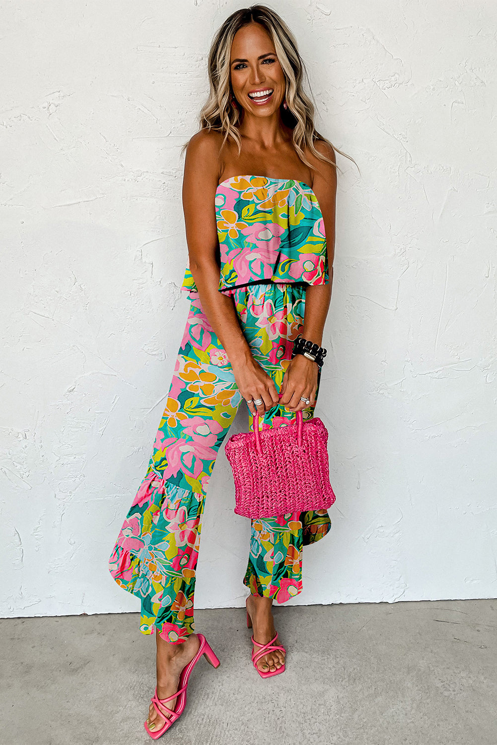 Tropical Print Strapless Ruffle Jumpsuit