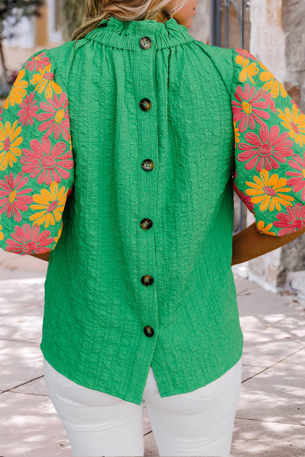 Bright Green Floral Print Puff Sleeve Button Back Frill Neck Blouse