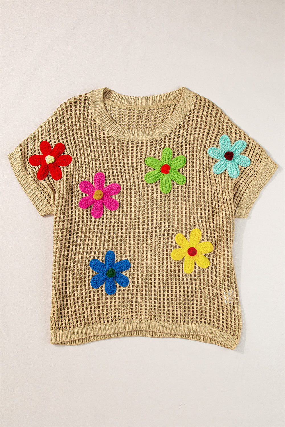 White Hollowed Crochet Colorful Flower Loose Knit T Shirt