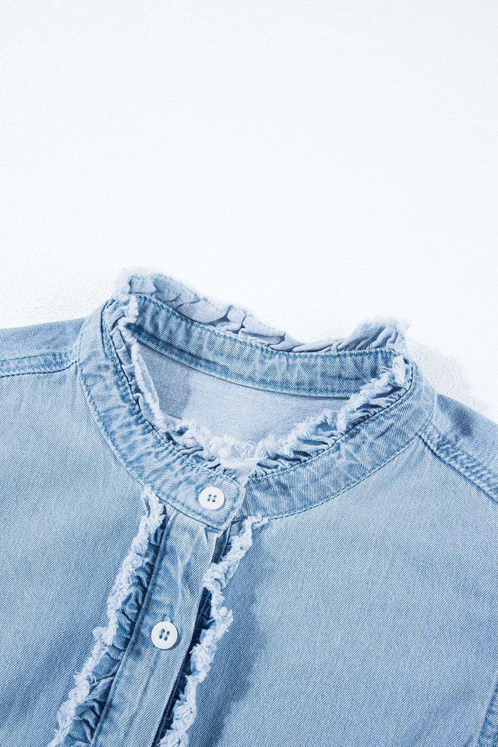 Totally Feeling Blue Ruffled Flutter Frayed Denim Top