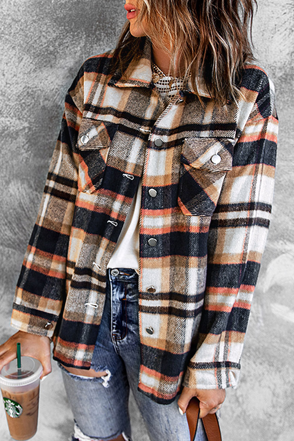 Brown Plaid Button Up Long Sleeve Flannel Shacket