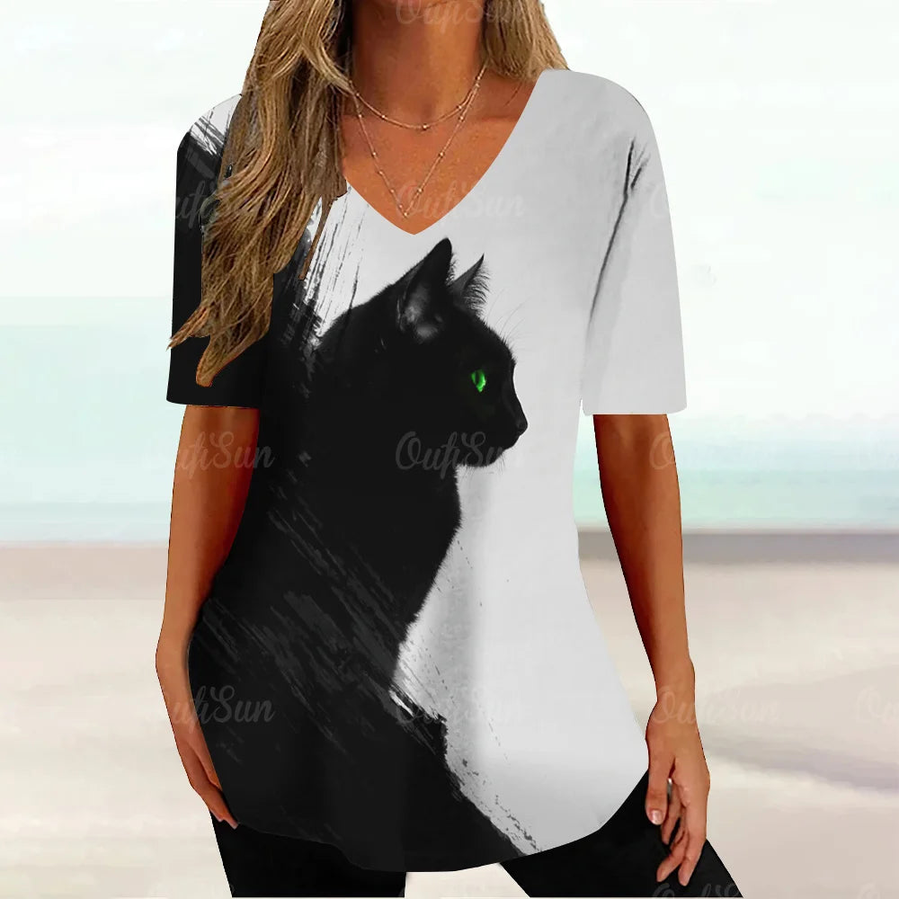 Kawaii Cat Graphic T Shirt For Women Painting Print Harajuku Short Sleeve Tops Summer V-Neck Pullover Female Loose Clothing Tees