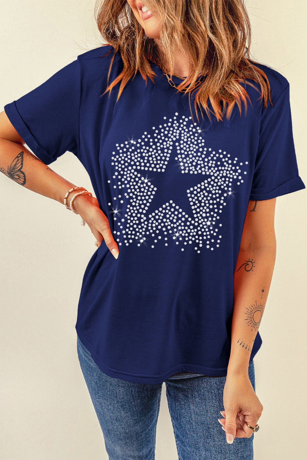 Rhinestone Star Graphic Crew Neck Tee