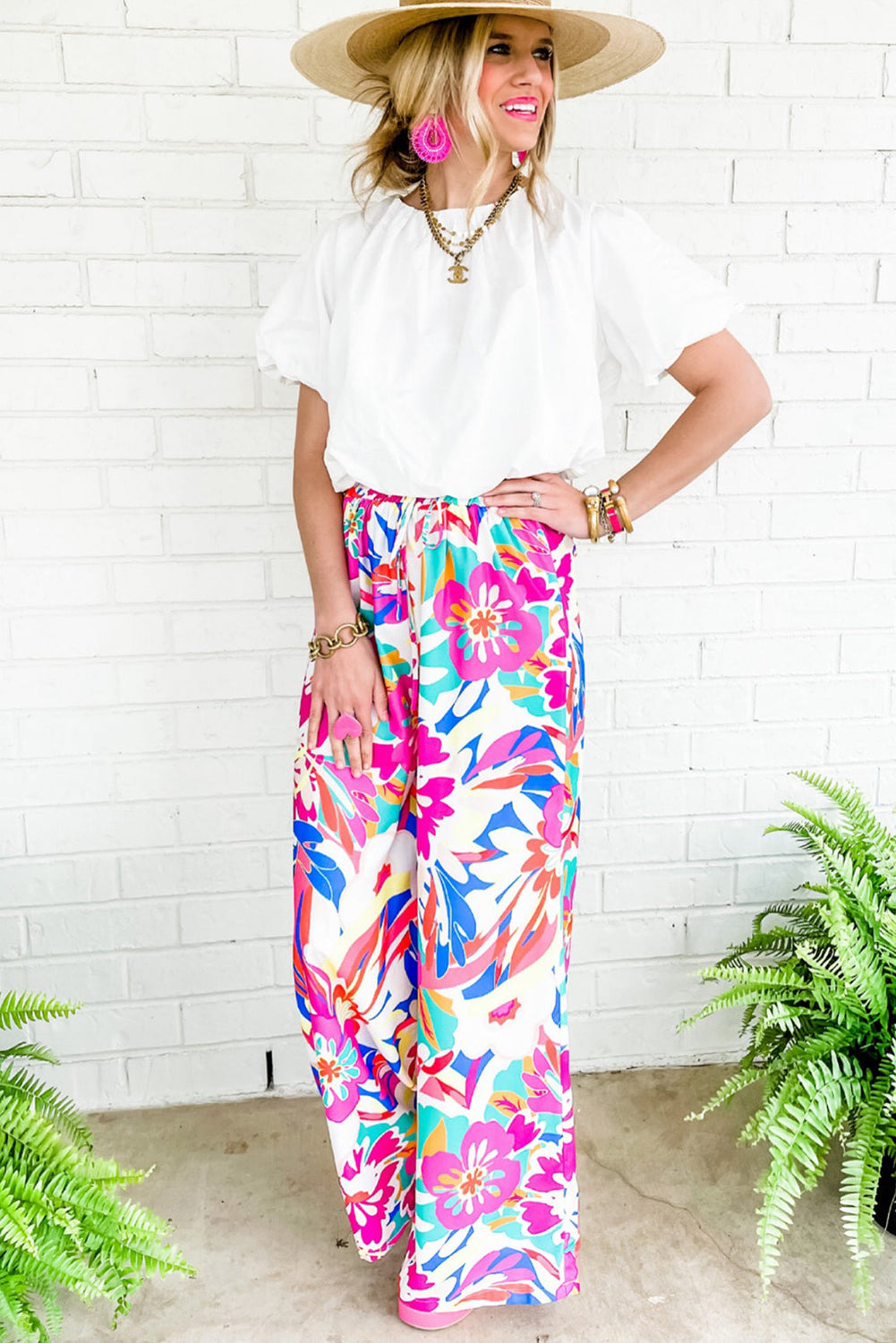 Rose Red Boho Floral Print Loose Wide Leg Pants