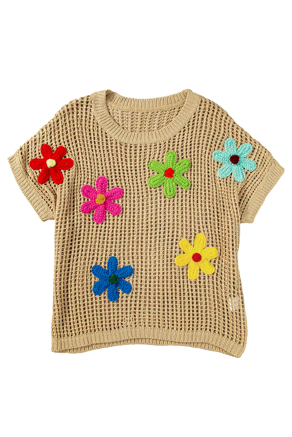 White Hollowed Crochet Colorful Flower Loose Knit T Shirt