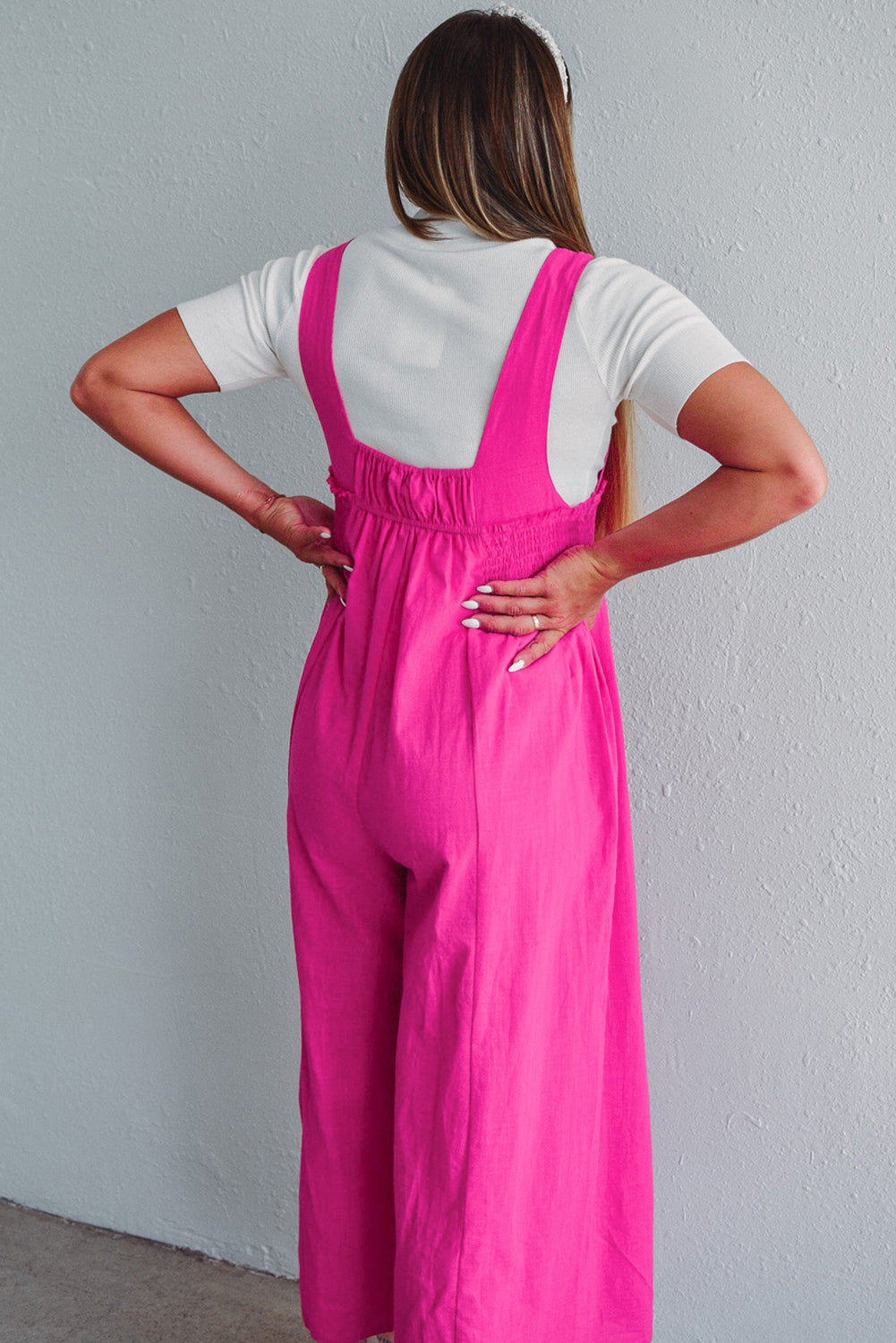 Strawberry Pink Smocked High Waist Wide Leg Overall