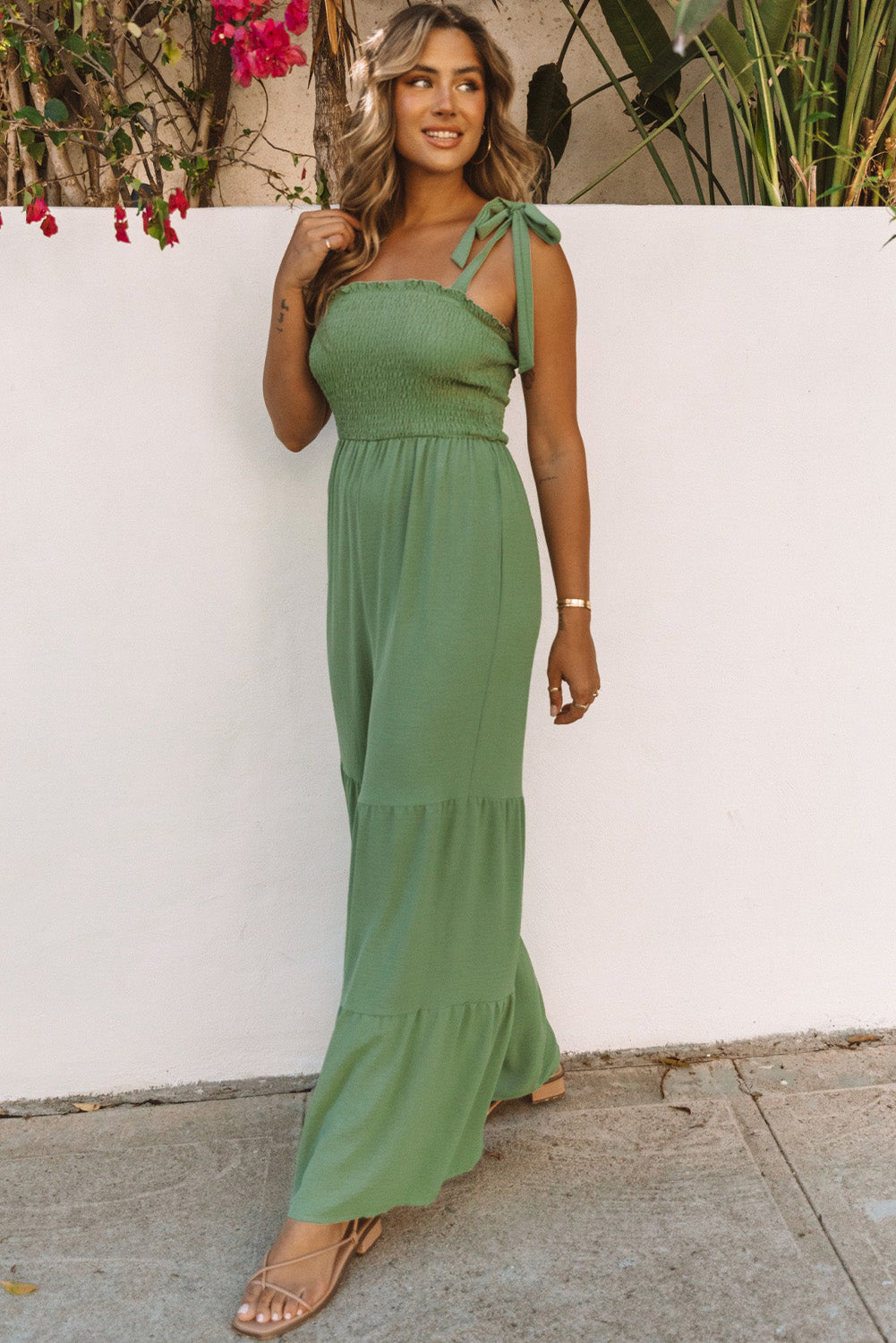 Green Tie Straps Shirred Casual Tiered Wide Leg Jumpsuit