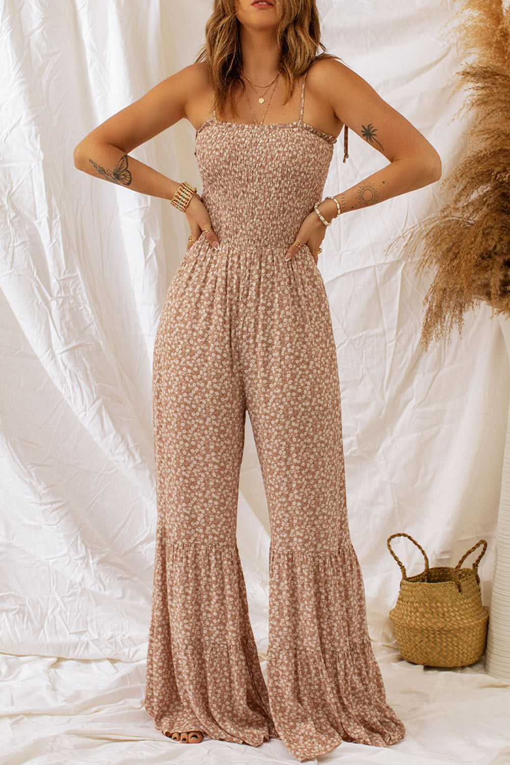 Floral Thin Straps Smocked Bodice Wide Leg Jumpsuit