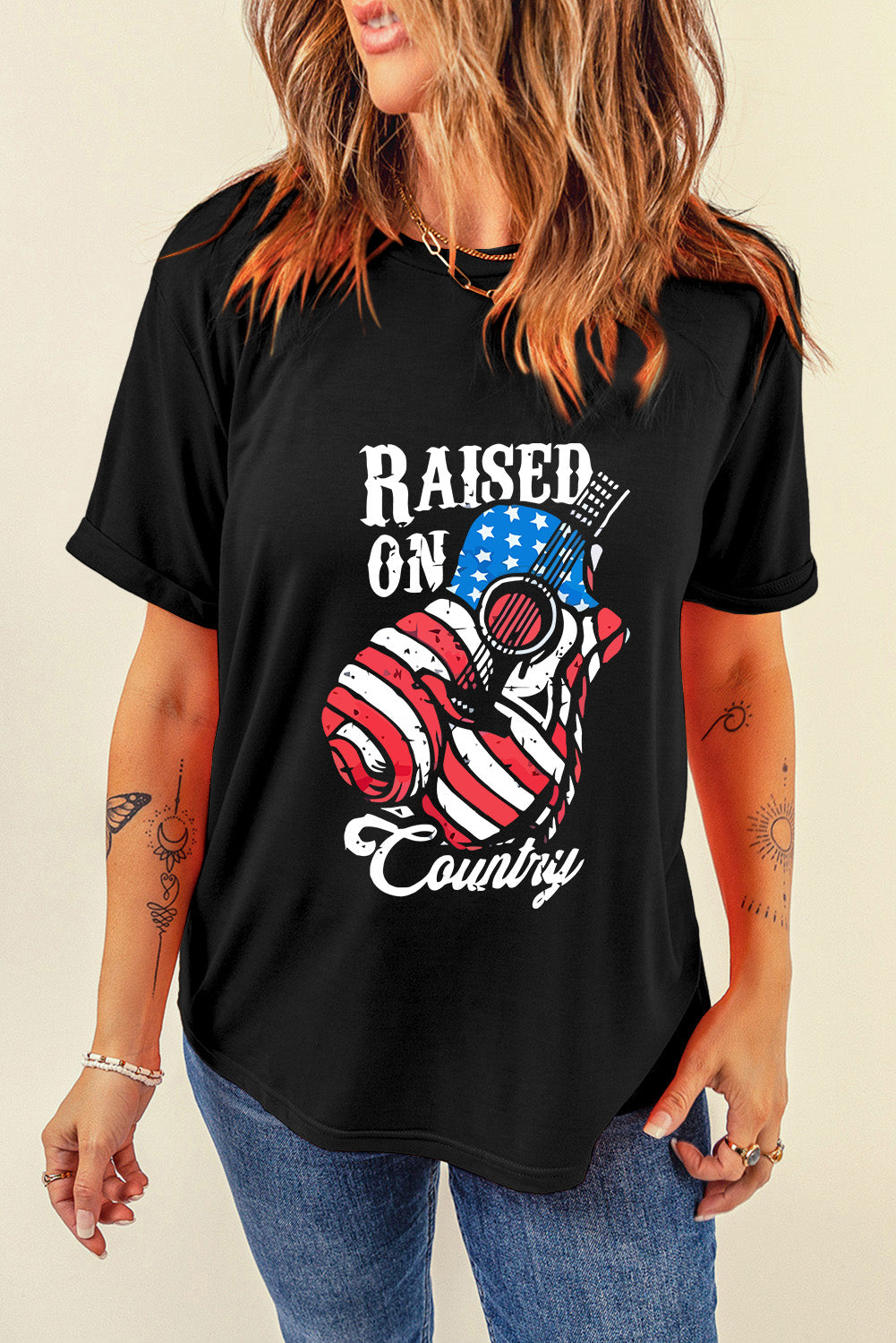 Raised On Country USA Flag Guitar Graphic Tee