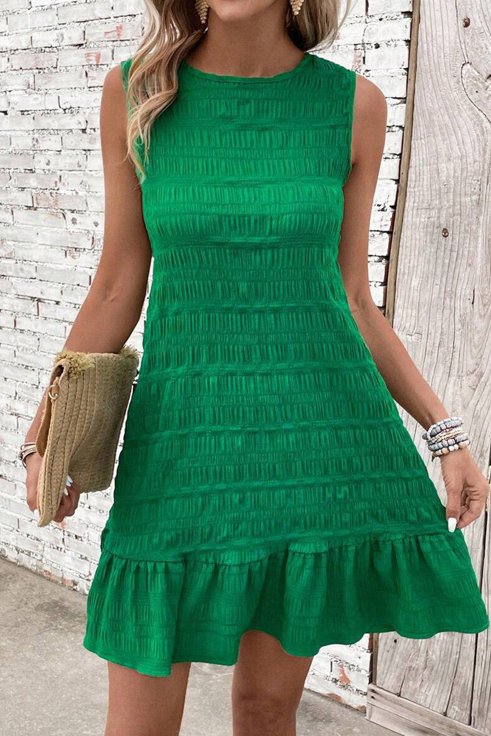 Bright Green Back Lace Up Ruffle Hem Sleeveless Short Dress
