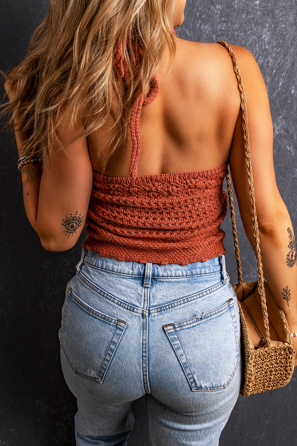 Red Clay Crochet Knit Backless Halter Top