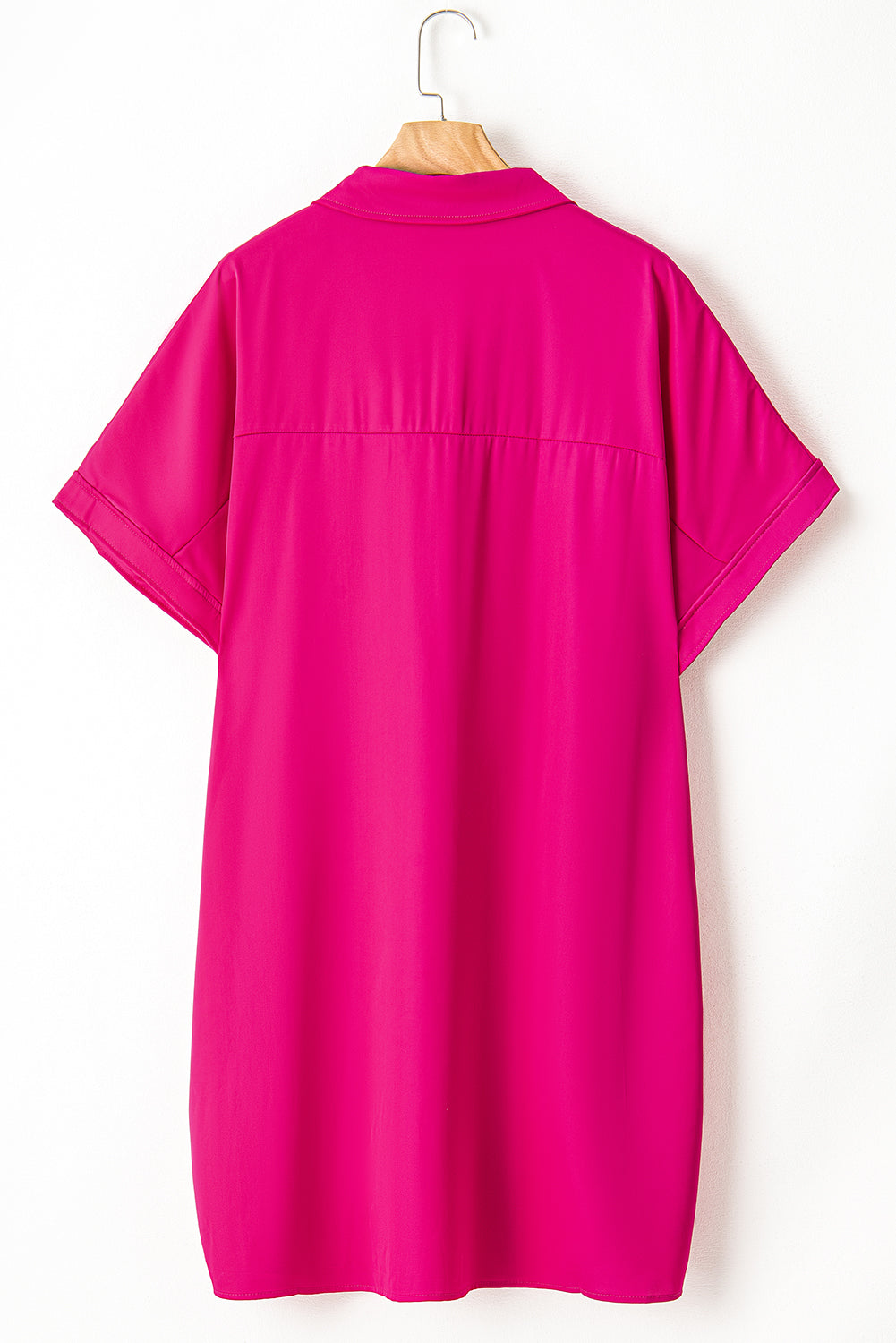 Bright Pink Collared V Neck Short Sleeve Plus Size Dress