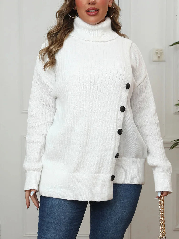 GIBSIE Plus Size Women's Turtleneck Sweater Autumn Winter Drop Shoulder Button Casual Warm Pullover Female White Knitted Jumper