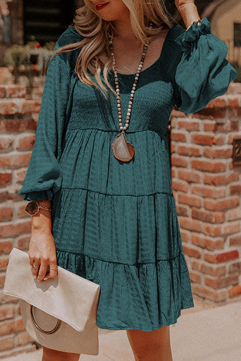 Mist Green Long Sleeve Smocked Tiered Boho Dress