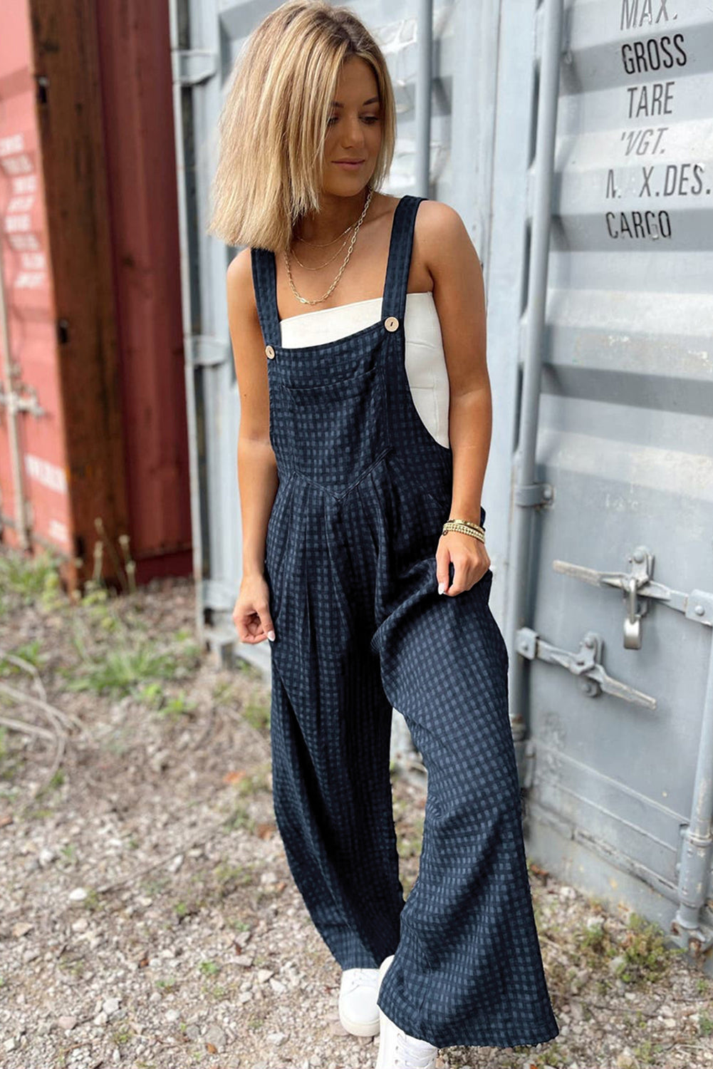 Sail Blue Plaid Print Buttoned Pocket High Waist Overall