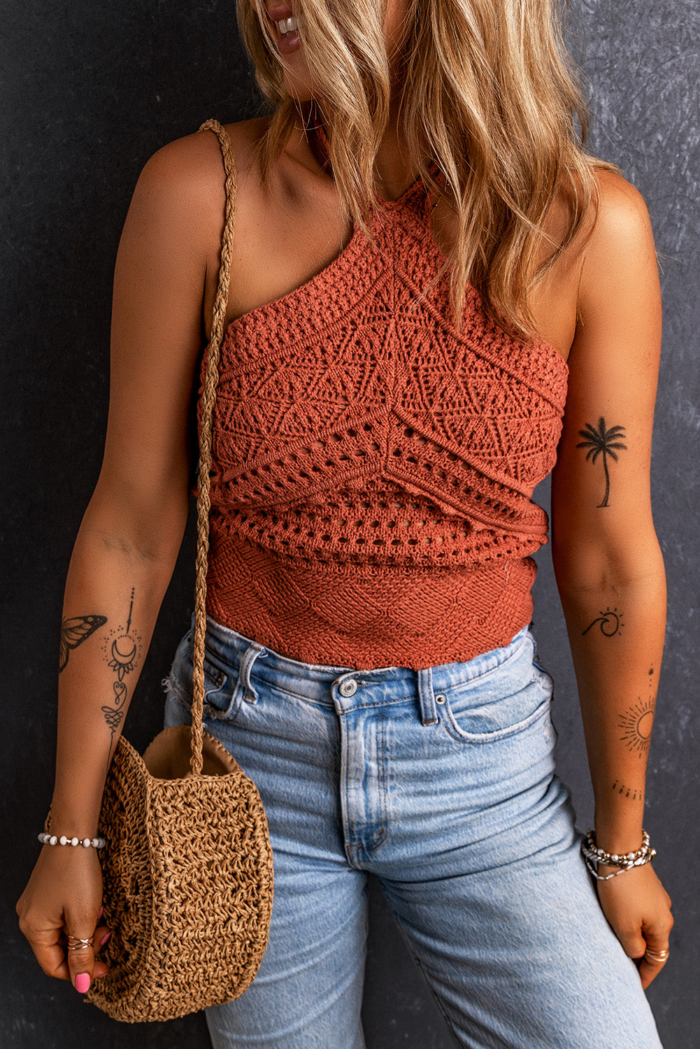 Red Clay Crochet Knit Backless Halter Top