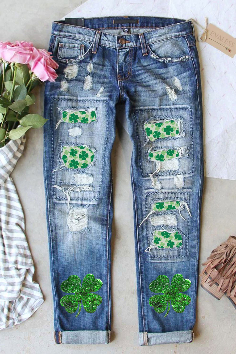 St Patricks Clover Graphic Patchwork Sequin Distressed Jeans