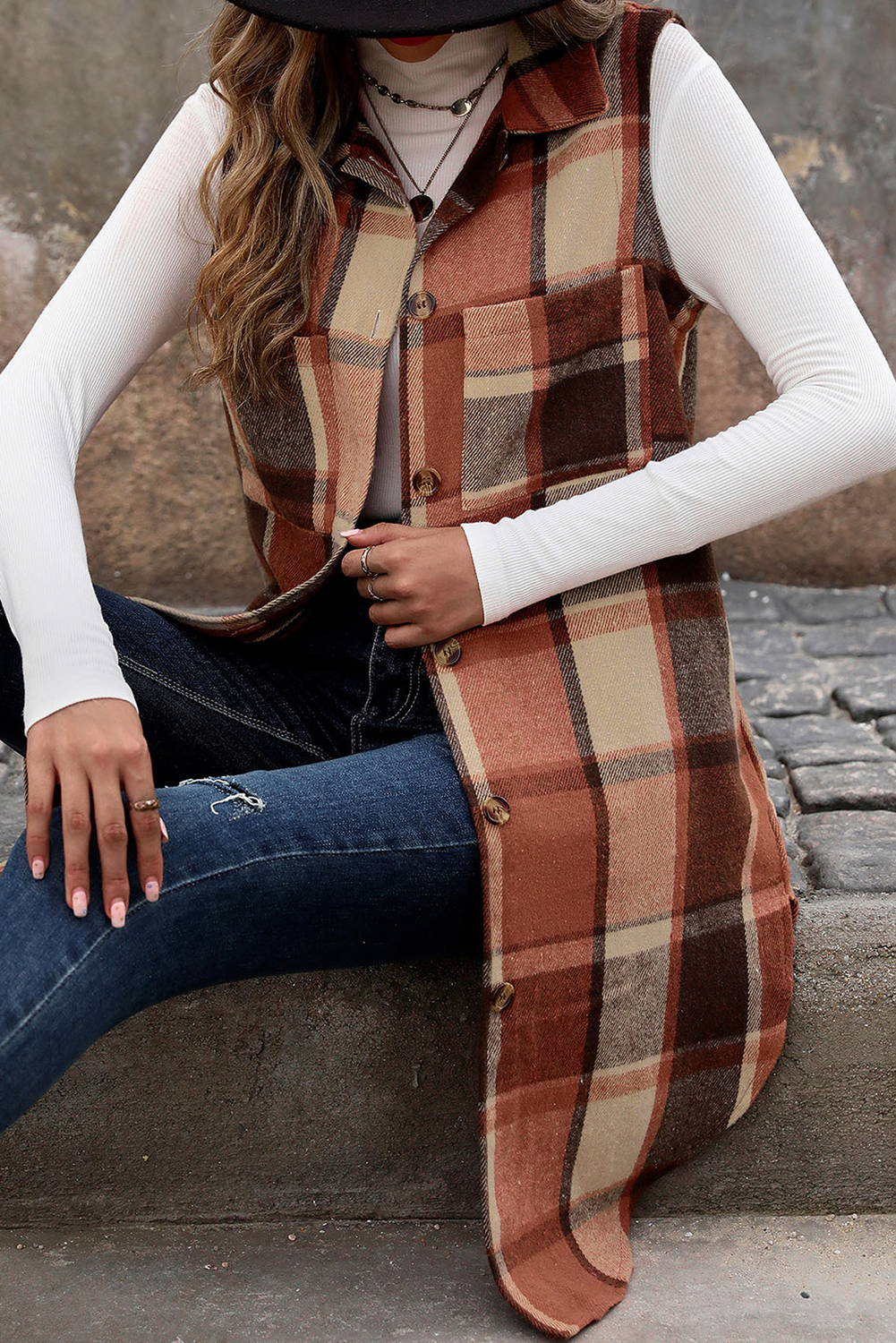 Cinnamon Mid Length Sleeveless Plaid Vest Jacket