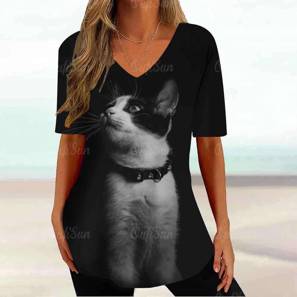 Kawaii Cat Graphic T Shirt For Women Painting Print Harajuku Short Sleeve Tops Summer V-Neck Pullover Female Loose Clothing Tees