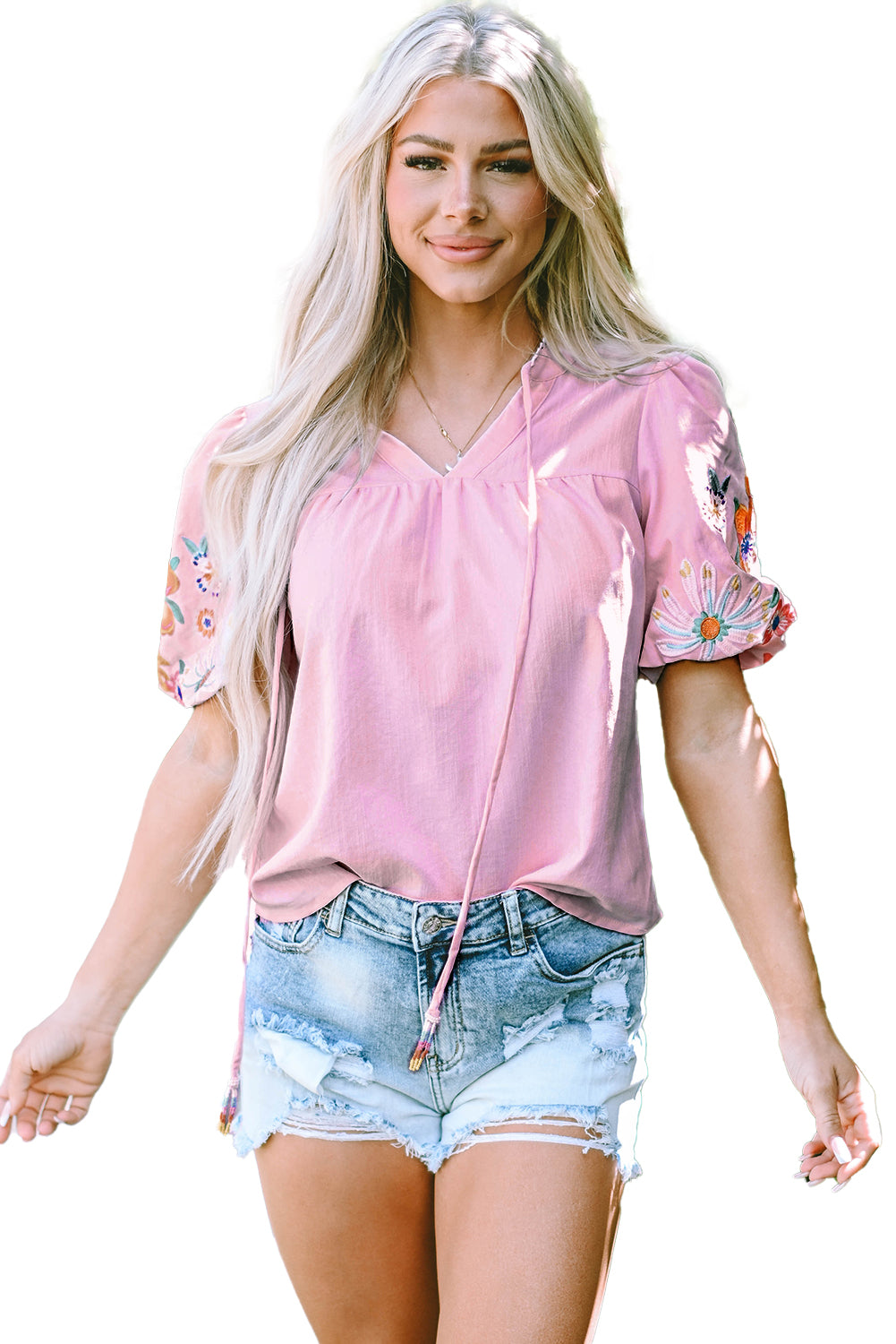 Floral Embroidered Puff Sleeve Split Neck Blouse