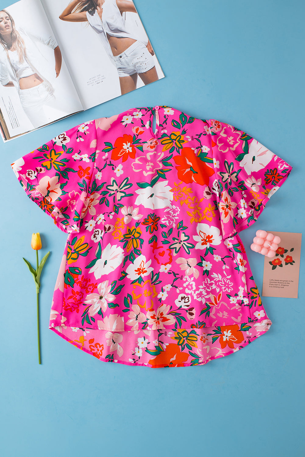 Pink Floral Print Flounce Sleeve Smocked Blouse