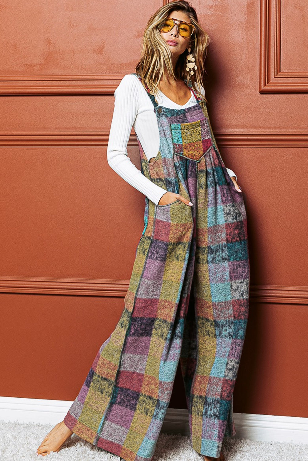 Multicolor Brushed Checked Pockets Pleated Wide Leg Overall