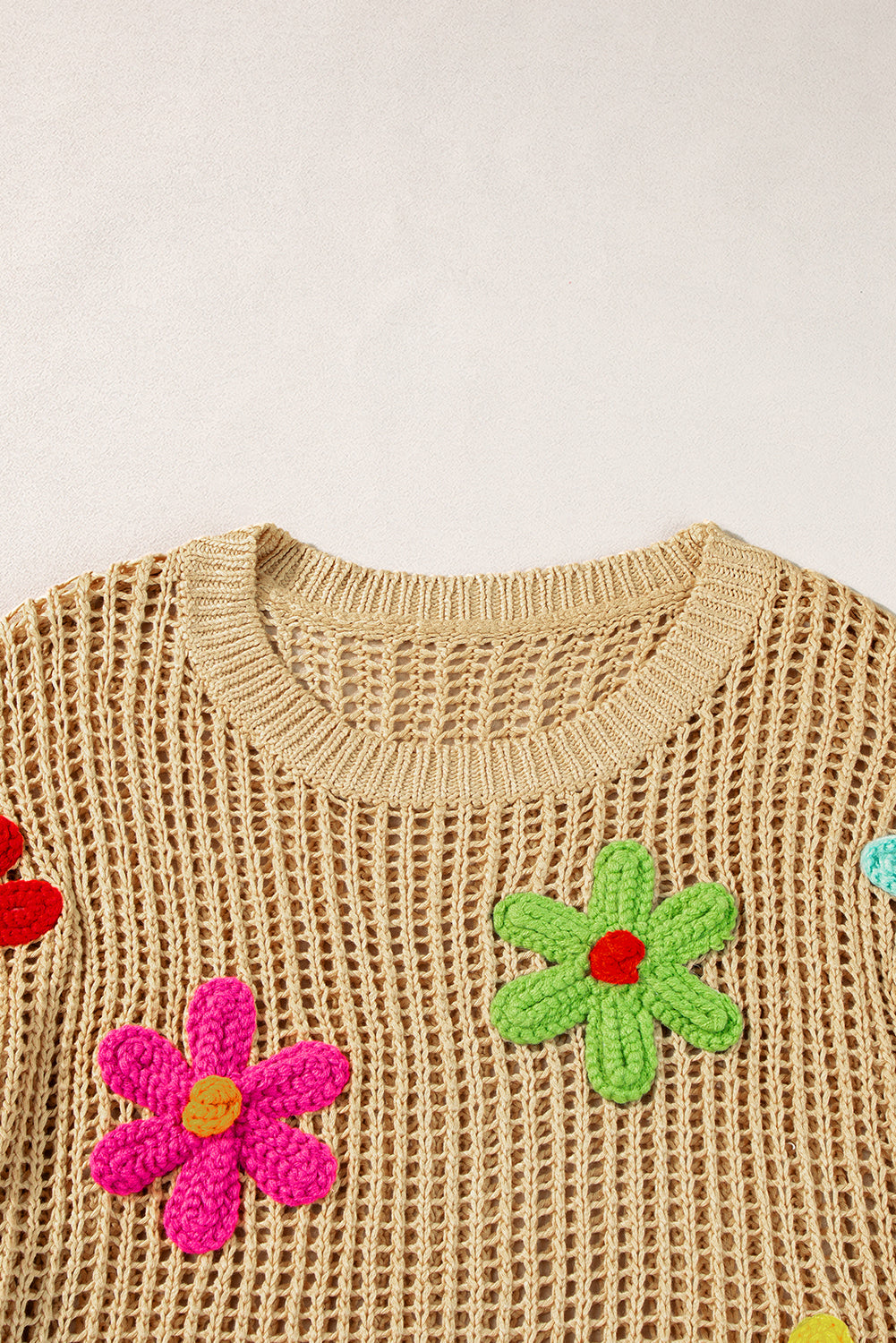 White Hollowed Crochet Colorful Flower Loose Knit T Shirt