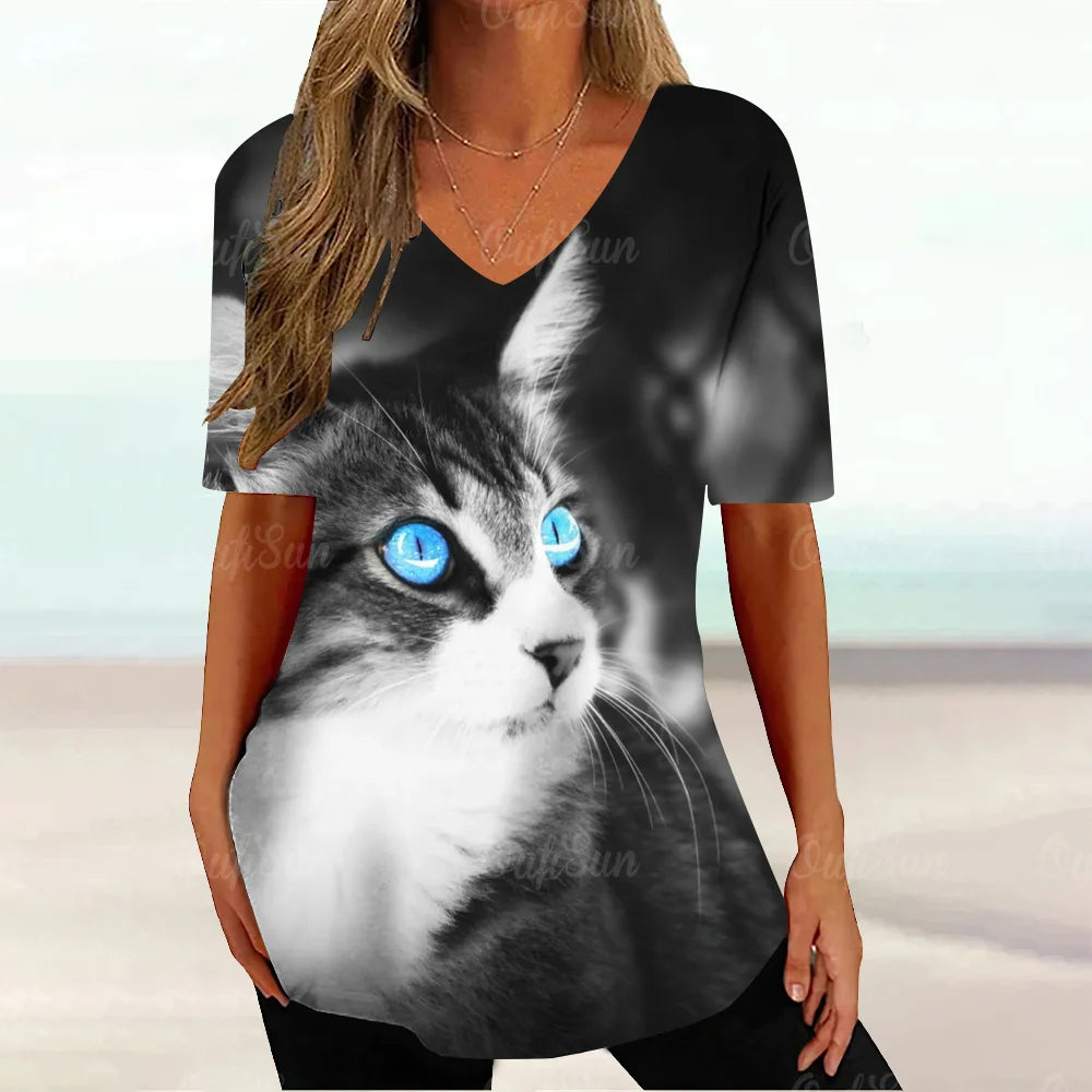 Kawaii Cat Graphic T Shirt For Women Painting Print Harajuku Short Sleeve Tops Summer V-Neck Pullover Female Loose Clothing Tees