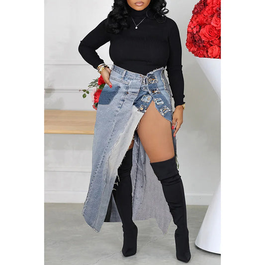 Plus Size Women's Casual Skirt Retro Short Denim Button Leg Slit Wrap Skirt