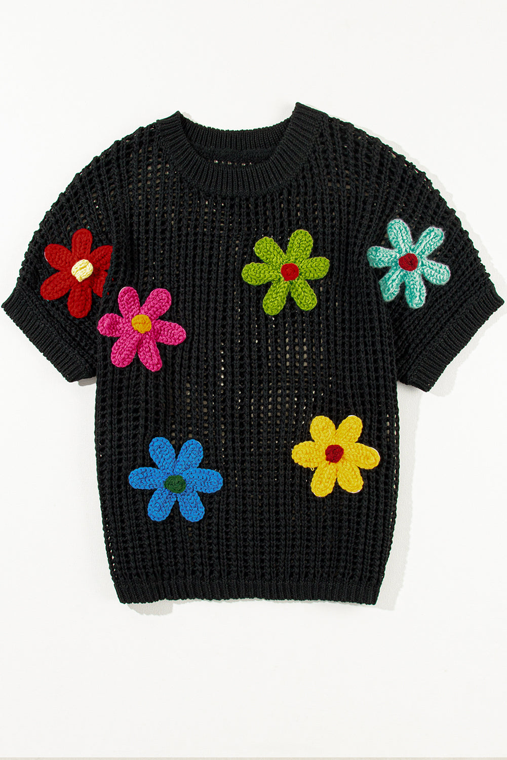 White Hollowed Crochet Colorful Flower Loose Knit T Shirt