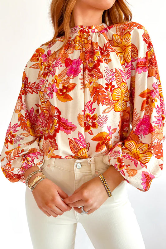 Orange Boho Floral Lantern Sleeve Blouse