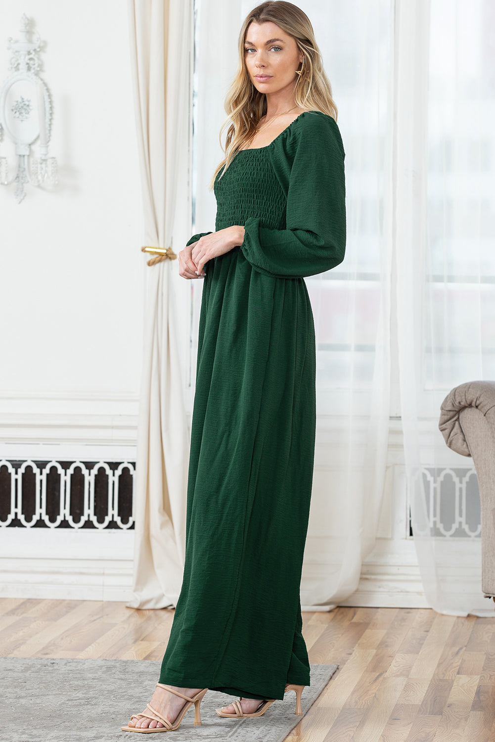 Smocked Square Neck Long Sleeve Wide Leg Jumpsuit