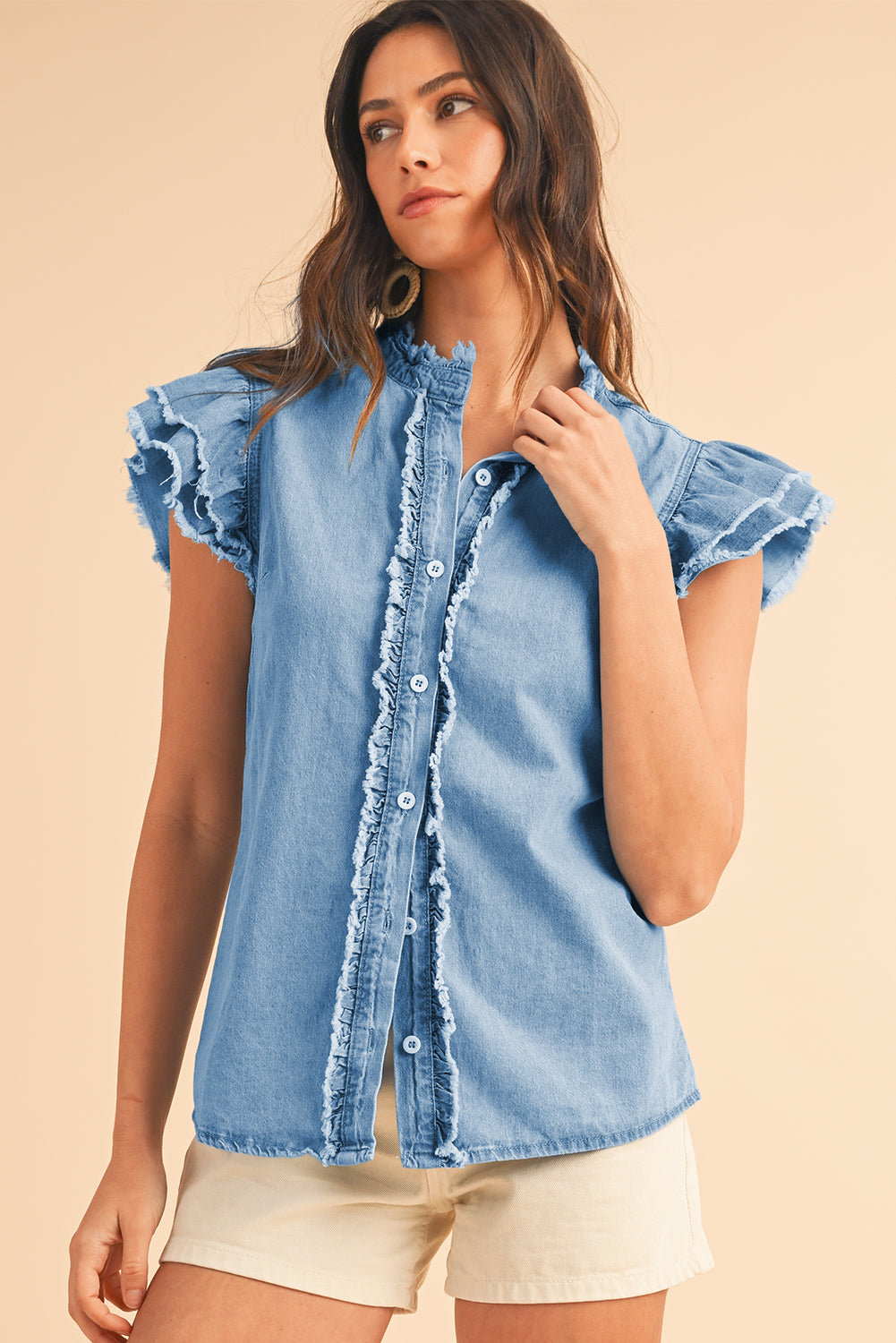 Totally Feeling Blue Ruffled Flutter Frayed Denim Top