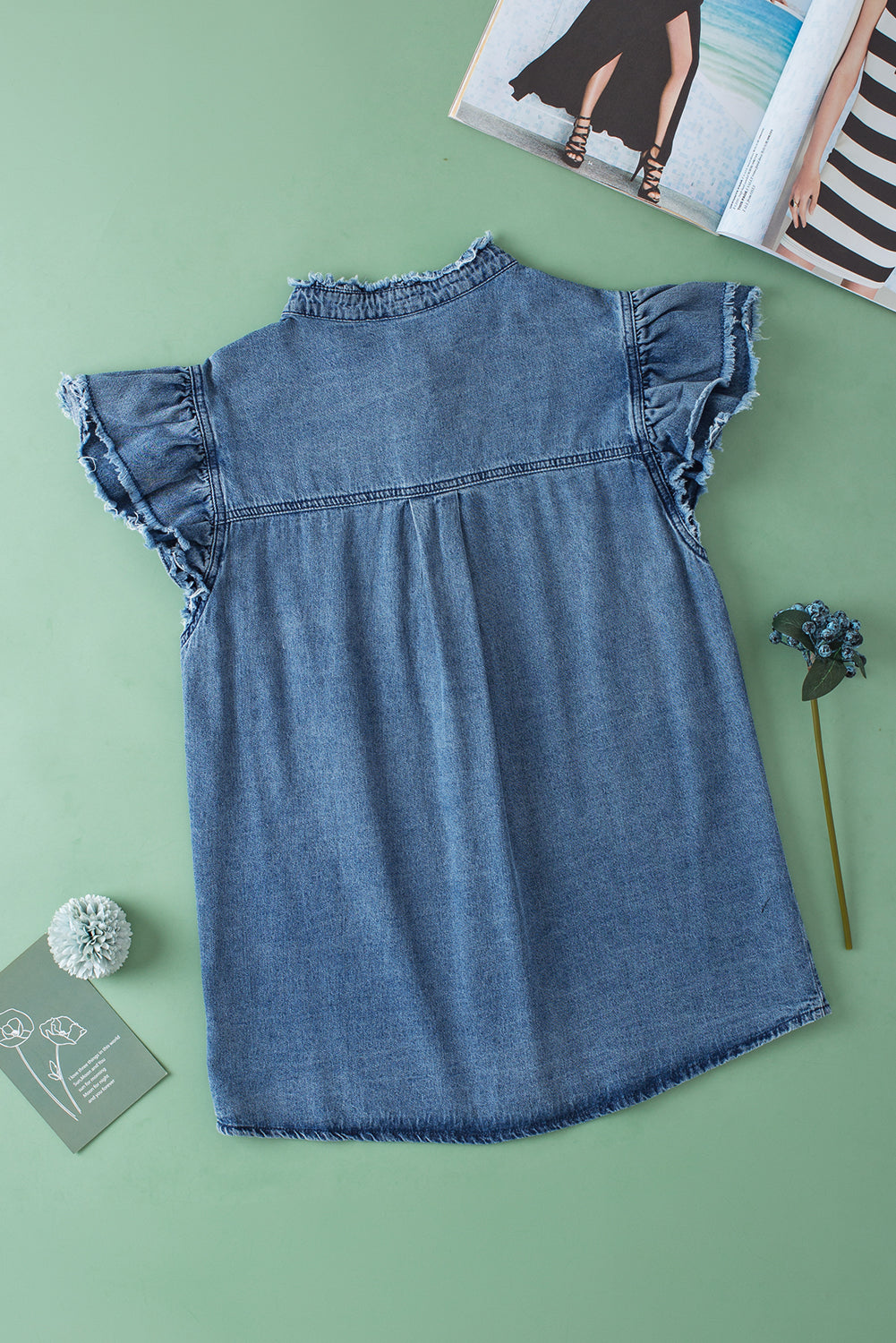 Totally Feeling Blue Ruffled Flutter Frayed Denim Top