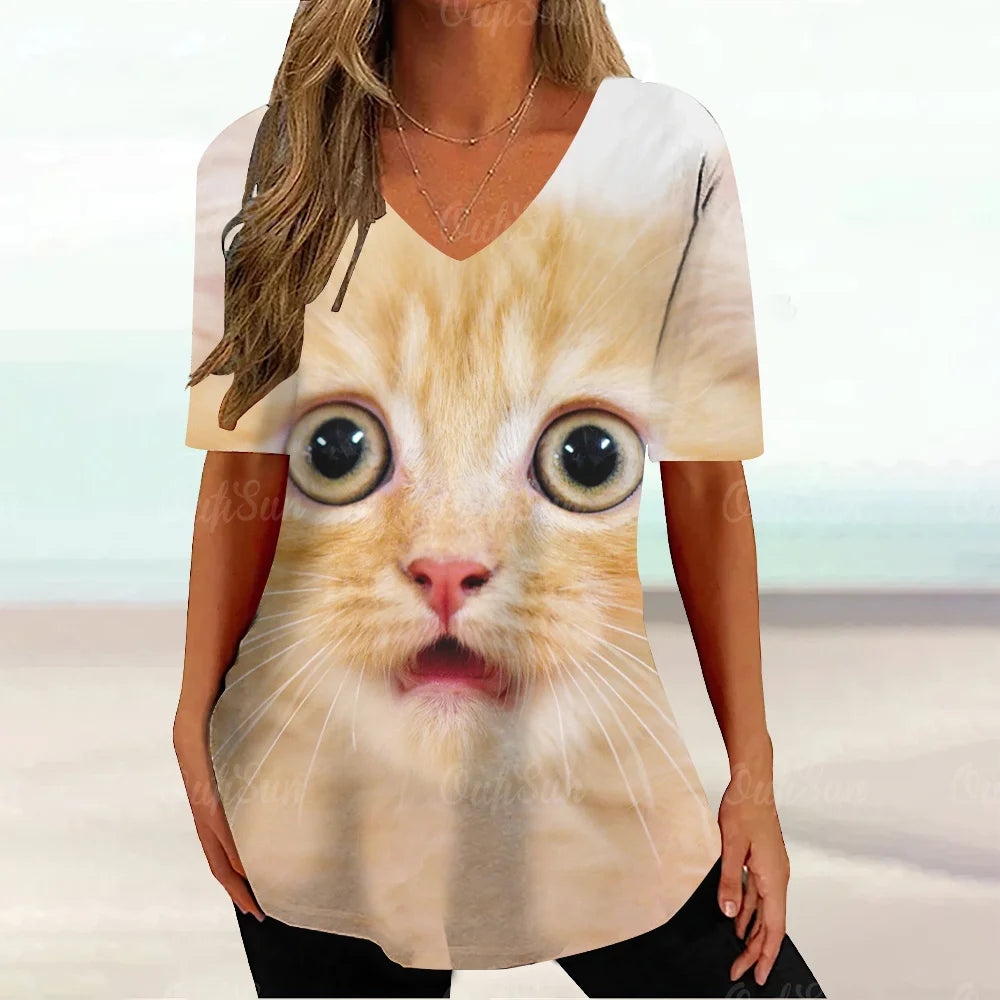 Kawaii Cat Graphic T Shirt For Women Painting Print Harajuku Short Sleeve Tops Summer V-Neck Pullover Female Loose Clothing Tees