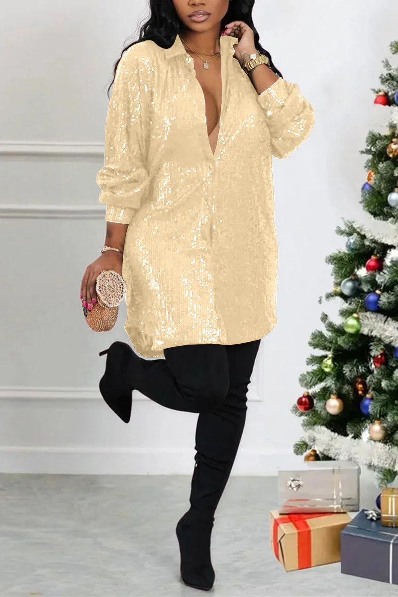 Plus Size Casual Black Sequin V Neck Long Sleeve Shirts