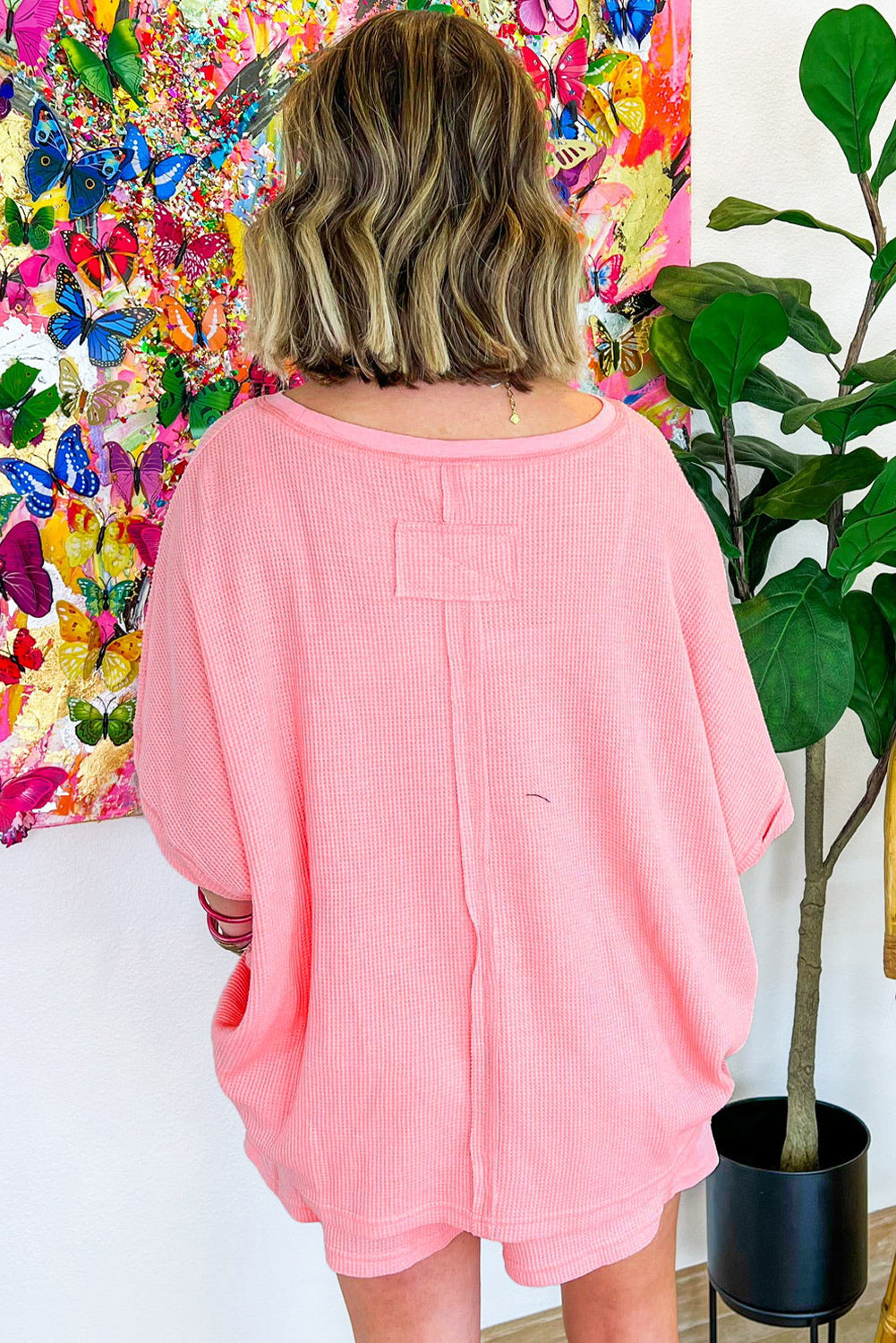 Pink Plus Size Waffle Knit Exposed Seam Tee and Shorts Set