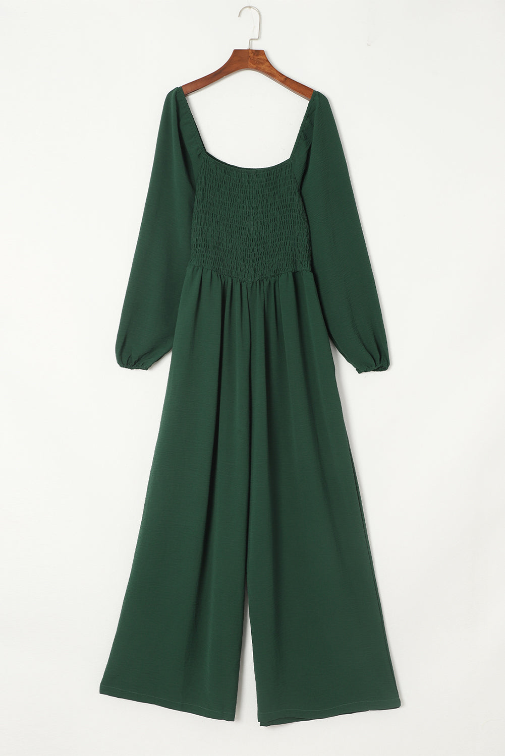 Smocked Square Neck Long Sleeve Wide Leg Jumpsuit