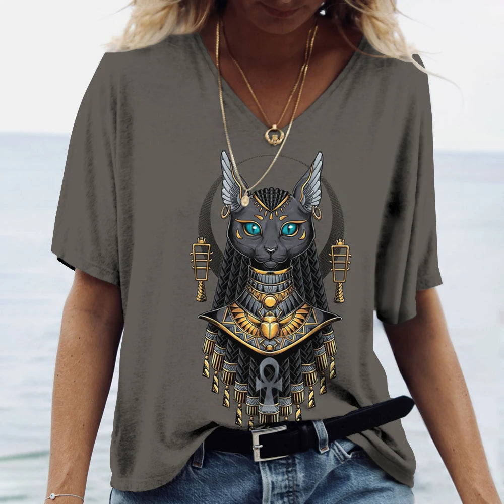 Kawaii Cat Graphic T Shirt For Women Painting Print Harajuku Short Sleeve Tops Summer V-Neck Pullover Female Loose Clothing Tees