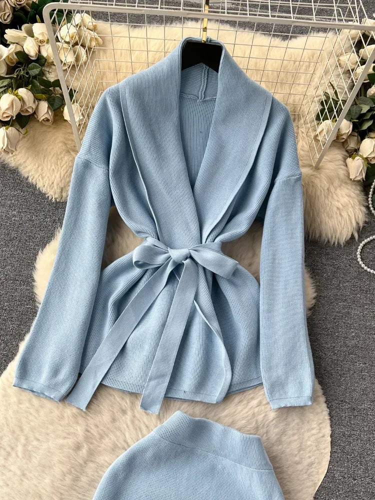 France Fashion Blue Knitted 3 Piece Set Women Lace Up Warm Cardigans+Camis+Long Skirt Female Elegant Warm Thick Sweater Suits