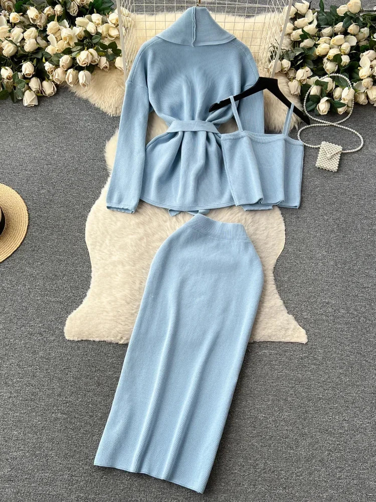 France Fashion Blue Knitted 3 Piece Set Women Lace Up Warm Cardigans+Camis+Long Skirt Female Elegant Warm Thick Sweater Suits