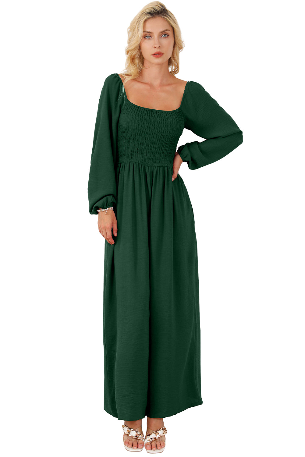 Smocked Square Neck Long Sleeve Wide Leg Jumpsuit