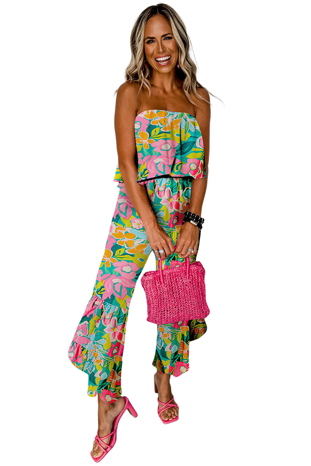 Tropical Print Strapless Ruffle Jumpsuit