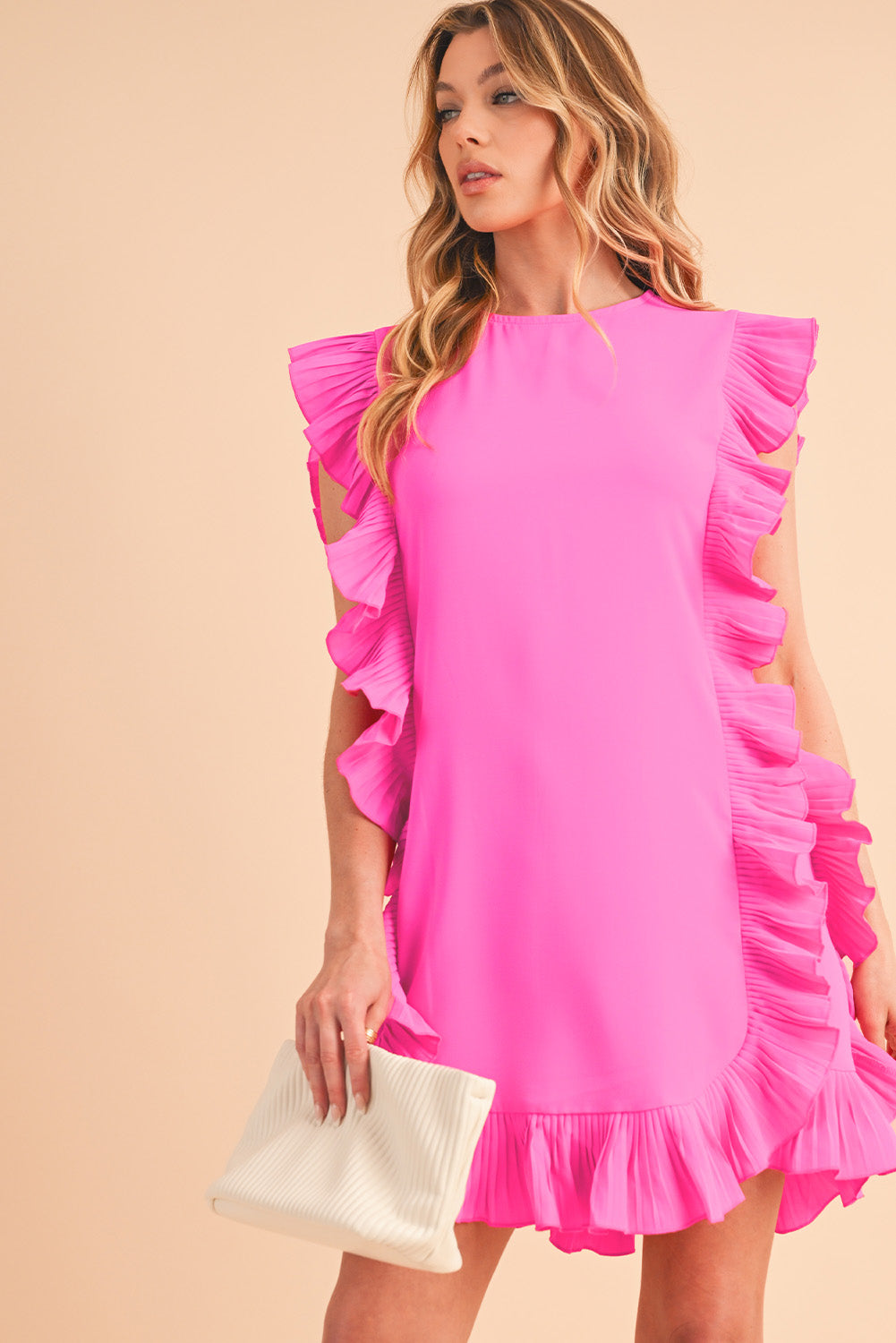 Bright Pink Ruffle Trim Short Sleeve Mini Dress