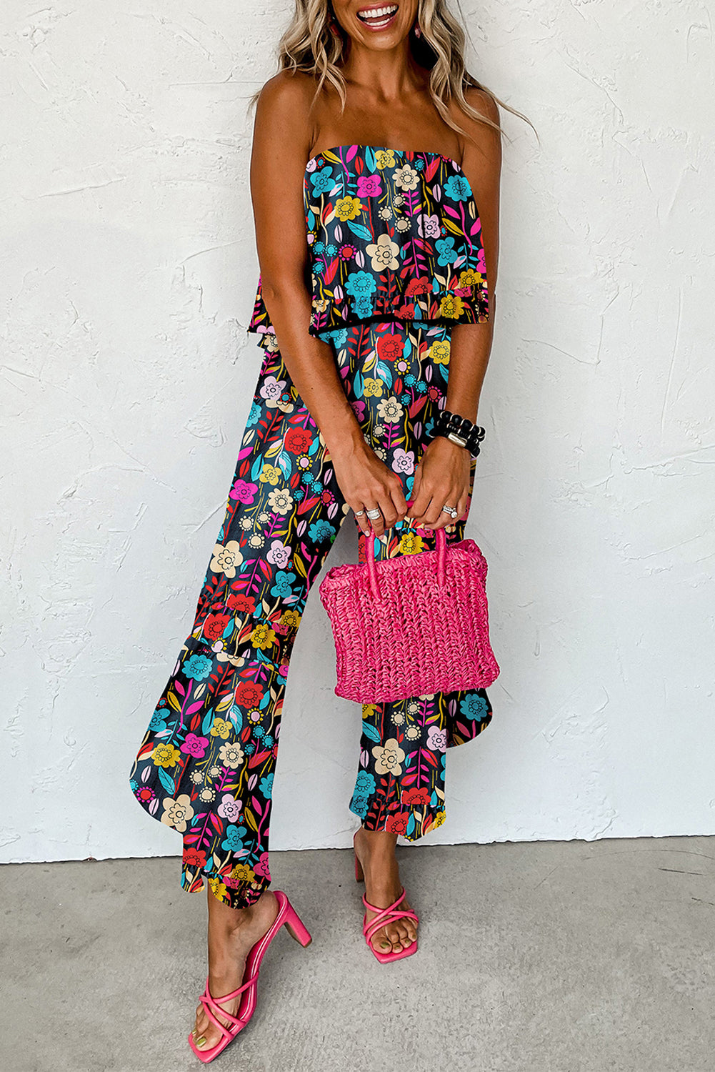 Tropical Print Strapless Ruffle Jumpsuit